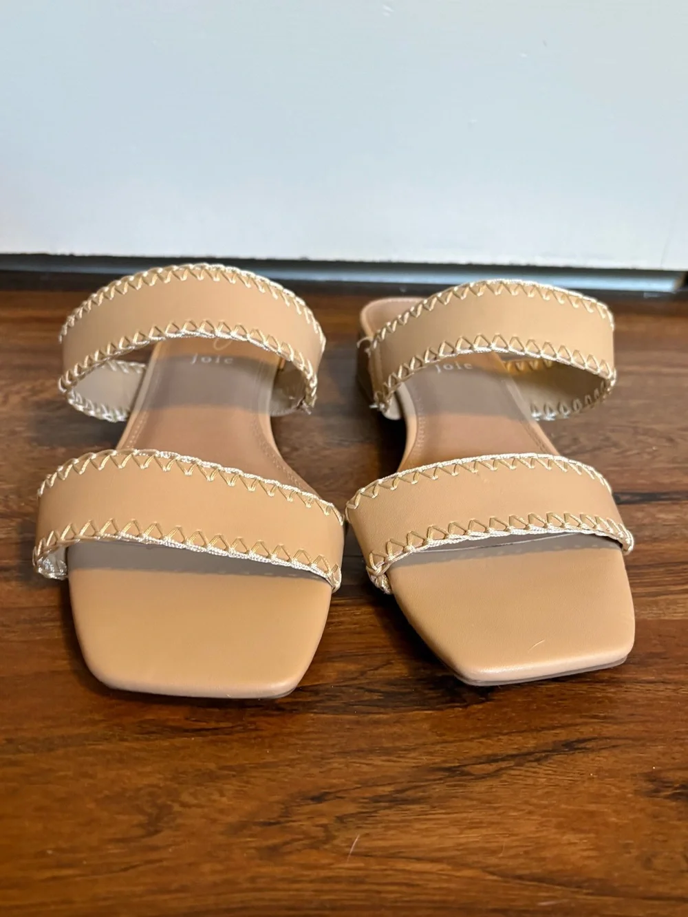 Joie Size 8 Beige Double-Strap Slide Sandals with Contrast Stitching
